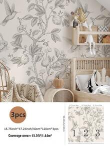 SUPSTICKER 3 件复古花卉、水果和鸟类图案墙面装饰贴纸（无粘合剂，用户需要购买胶水），适用于墙壁、浴室、橱柜、房间壁纸墙纸墙贴房间装饰 - 彩色 - 查看 13