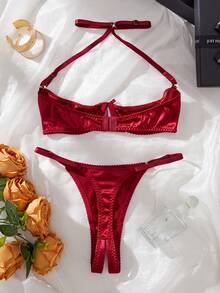 两件套勃艮第红色蕾丝透明性感内衣带钢圈，欧式法式贴身衣物 - 酒紅色 - 查看 3