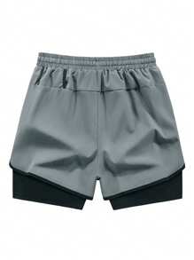 1 件男士休闲运动户外跑步短裤，内衬短裤，二合一训练健身短裤，薄丝面料运动服，适合球类运动，夏季 - 淺灰色 - 查看 9