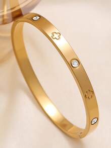 1 件时尚四叶草锆石不锈钢女士手链套装，适合日常佩戴、情侣约会、多场合搭配和送礼 - 金黃色 - 查看 3