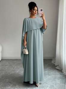 女士优雅纯色长袍连衣裙，适合夏季和秋季穿着 - 淺藍色 - 查看 7
