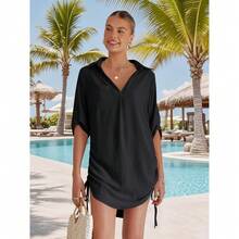 Local Delivery Women's Summer Swimwear Drawstring Beach Bikini Dress Shirt Swimsuit Cover - Up Bathing Suit Coverup - 黑色 - 查看 2