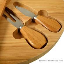 35cm Bamboo Cheese Board And Knife Set, Round Charcuterie Board Set With 2 Knives, Cheese Meat Wine Serving Tray Platter, Home Decor Set - Brown - View 6