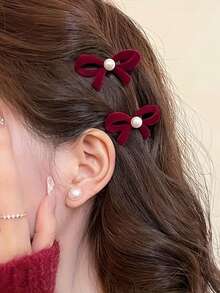 2个红色蝴蝶结发夹，女士可爱公主风刘海侧夹额夹，新款鳄鱼夹节日发夹头饰发饰