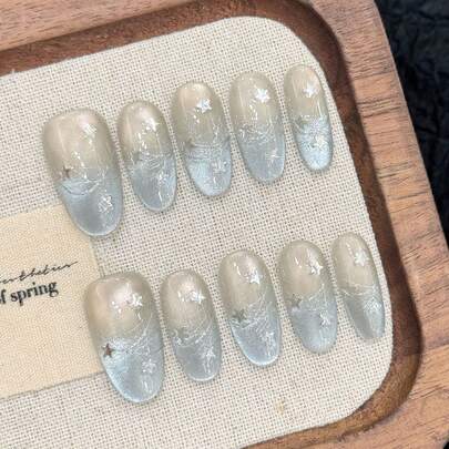 10 件手工指甲蓝色闪光猫眼法式星空星线装饰，中长椭圆形假指甲夏季指甲亚克力按压指甲，含果冻胶和指甲锉，DIY 美甲用品，每日情人节返校海滩必备