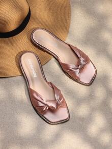 Women Slides Sandals Summer Satin Rhinestone Bow-Knot Flat Sandals Vacation Holiday Elegant Slip-On Slippers - 粉色 - 查看 1