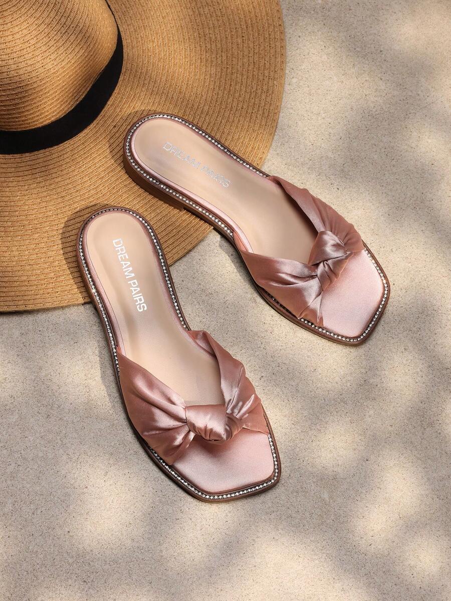 Women Slides Sandals Summer Satin Rhinestone Bow-Knot Flat Sandals Vacation Holiday Elegant Slip-On Slippers - 粉色 - 查看 1
