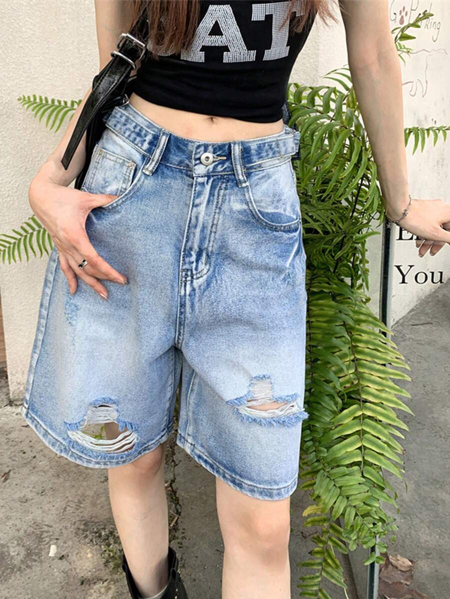 女式腰带设计破洞喇叭裤九分牛仔裤 - 藍色 - 查看 1