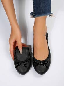 秋冬款 1 双女式轻便柔软舒适户外休闲一脚蹬平底鞋，黑色百搭蝴蝶结低帮平底鞋，便携式芭蕾平底鞋 - 黑色 - 查看 3