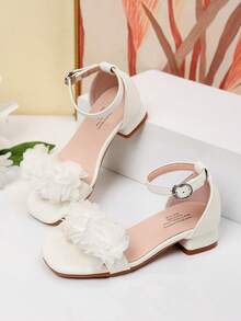 Summer Square Toe Square Heel Floral Decor Sandals, Girls High Heel Dance Shoes, Student Performance & Daily Activity Sandals - White - View 5