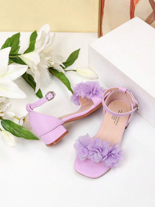 1 Pair Summer New Girls Shoes, Fashion Square Toe Square Heel Floral Decor Strap Buckle Sandals, Girls High Heel Dance Shoes, Students Performance & Daily Wear Sandals, Fresh Elegant