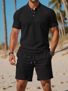 Herren Neu Sommer Stehkragen Kurzarm T-Shirt, einfarbiges Polohemd, lässiges Top