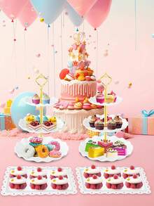 4 Styles, 3 Colours Cake Stand , White Square Lace Edge Tray, Plastic Dessert Table Stand Set , 3 Tier Cupcake Display Stand Biscuit Tray Stand Serving Tray Cake Display Tower And 1 Piece Dessert Tray Set Ideal For Baby Showers, Tea Parties, Weddings, Birthday Parties, Baby Gender Reveal Parties, Baby Shower Party Decorations (Multi Colours) - Multicolor - View 7