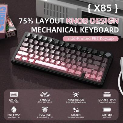 ATTACK SHARK X85 Teclado Mecânico Gamer Sem Fio com Knob, Hot Swappable, Conexão BT/2.4GHz/USB-C, Keycaps PBT com Impressão Lateral, Layout 75% com Gasket e RGB, Switch Linear White Jade para PC/Windows