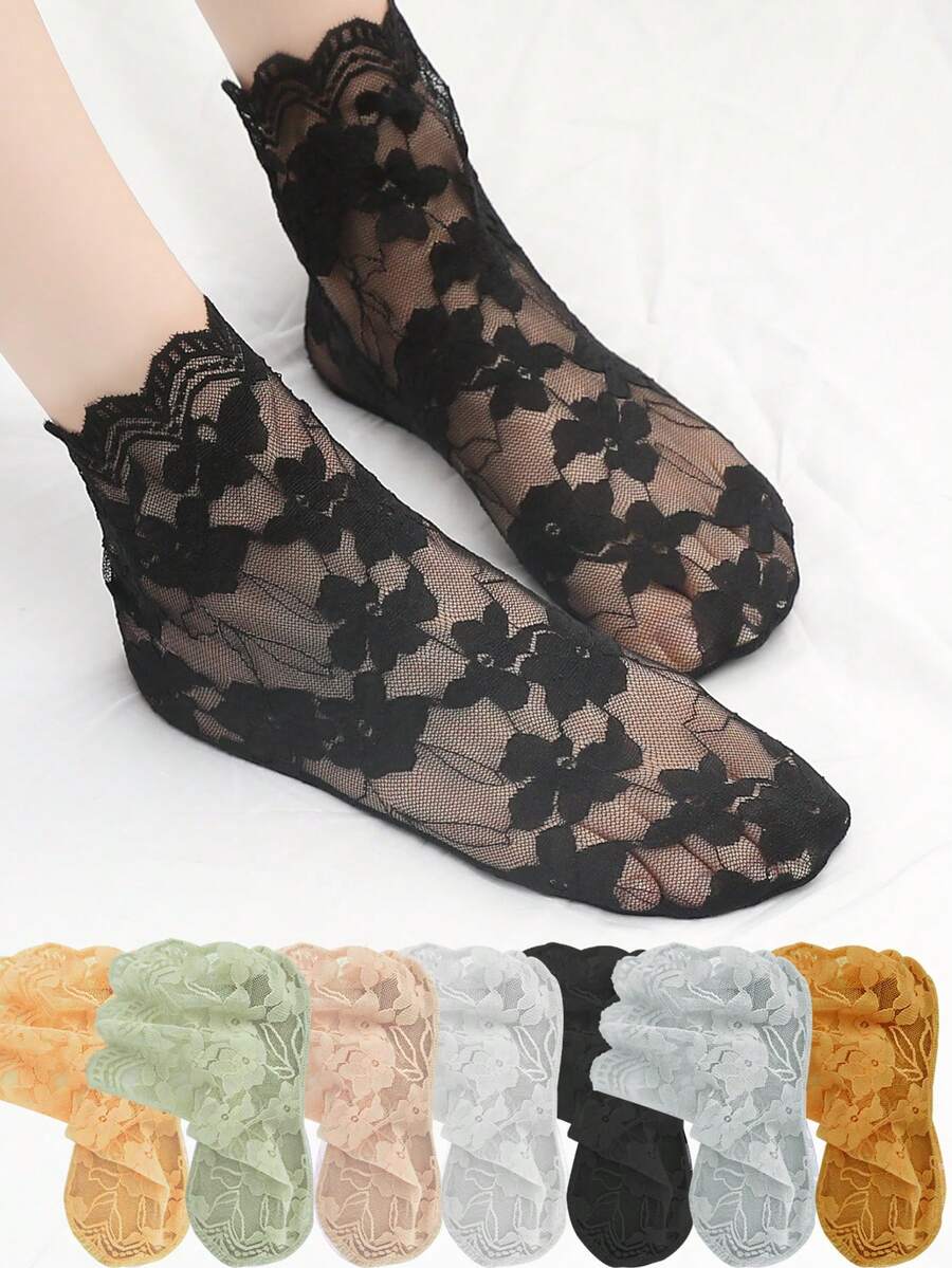 高品质时尚女士蕾丝袜透明夏季碎花淑女女孩薄款短袜女士 - 彩色 - 查看 1