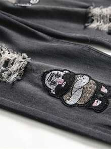 Men's Embroidered Ripped Stretch Jeans, Motorcycle Emblem Embroidery Stretch Skinny Jeans - Black - View 6