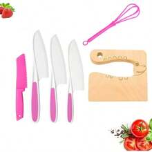 Juego de cuchillos para niños - Juego de cuchillos de cocina Montessori para niños, incluye tabla de cortar y cuchillos de juguete con textura, utensilios de cocina para niños y niñas de 3 a 10 años, color aleatorio - Rosa - Ver 4