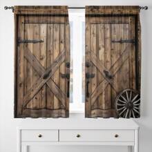 2pcs, Simulated Barn Wooden Door Pattern Window Curtain Rod Pocket, For Living Room, Kitchen, Bedroom, Hotel, Bathroom, Classroom, Dining Room, Home Decor, 3D Printed Cheap Window Shades, Curtains