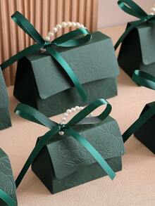 5 Pieces Embossed Three-Dimensional Floral Gift Box, Green Black White With Ribbon And Faux Pearl Handles, Multiple Sizes For Various Occasions, Made Of Letterpress Printing, Floral Pattern Gift Box, Mini Packaging Bag, Small Gift Bag, Wedding Favor Party Decorations