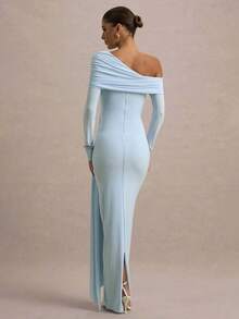 Vestido maxi ajustado con escote en V, manga larga, hombro asimétrico, volantes en el bajo, de color azul , para fiesta, Halloween o Navidad