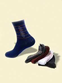 5 Pairs Assorted Men's Diamond Pattern Printed Casual Business Mid-Calf Socks, Retro Style Everyday Wear - Multicolor - View 5