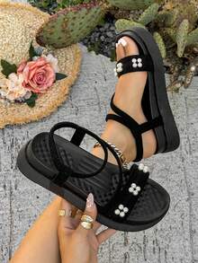 Women's Rhinestone Strap Platform Wedge Sandals, Elegant Roman Style Casual Commuting All-Match Summer Shoes - Black - View 6