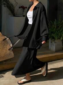 Women's Beach Vacation Casual Solid Color Loose Shirt Dress Set