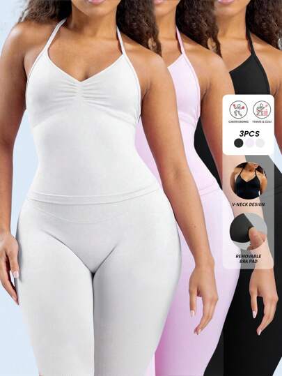 Yefecy 3 PCS New Impact Sports Yoga Vest Women's Fitness Yoga Top Gym Clothes Workout Backless Scrunch Built-In Bra With Cups Tops