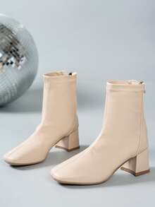 2025 秋冬春夏新款女士米色方头踝靴、法式粗跟中跟弹力紧身靴、粗跟弹力贴身中筒靴、百搭后拉链战斗靴 - 米色 - 查看 5