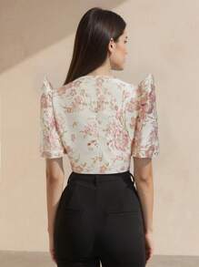 Amyenjoylife 时尚优雅提花夸张袖短款上衣 - 粉色 - 查看 2