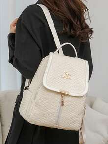 女士软皮背包，大容量女士背包，休闲旅行背包，书包 - 白色 - 查看 3