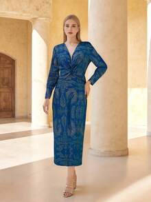 Floral Print V Neck Midi Dress For Women - Lightweight Chiffon With A-Line Silhouette  Elastic Waist - Elegant Summer Dress For Party, Date  Daily Wear - 藍色 - 查看 2