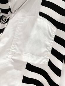 女士休闲条纹撞色落肩长袖纽扣翻领口袋不对称/不对称后开衩宽松衬衫，设计细节精美，适合秋冬季穿着 - 混合色 - 查看 4