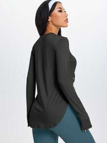 1pc Women's Minimalist Style Soft & Comfortable Versatile Sports Long Sleeve Top, Suitable For Yoga, Outdoor Training, Running With Side Slit - Black - View 2