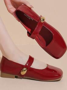 2025 Summer New French Square Toe Mary Jane Flats, Suitable With Dresses, Non-Slip Loafers - Red - View 4