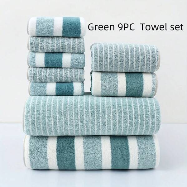 9 pièces/Set Serviette de bain rayée - Comprend 5 serviettes de toilette, 2 serviettes de main et 2 serviettes de bain, serviettes douces absorbantes et séchage rapide, idéal pour l'hôtel, les sports, les voyages, la gym, le yoga, les couples, les accessoires de salle de bain pour le salon de beauté et la maison