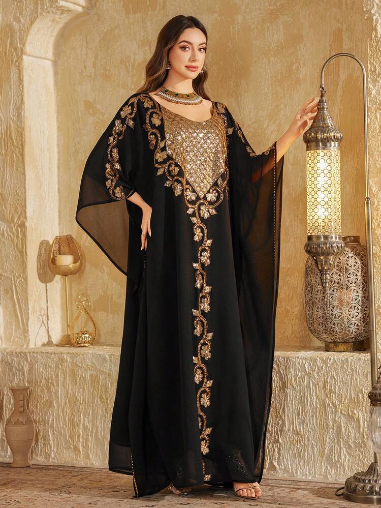 女式宽松菱形格针织面料串珠刺绣连衣裙 - 黑色 - 查看 6