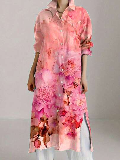 Vestido camisero de manga larga con estampado floral retro para mujer de talla grande, elegante para vacaciones de primavera