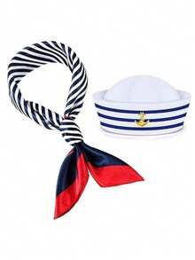 Multi-Piece Set: Captain's Hat, Sailor Hat, Scarf Set For Men & Women, White Gloves, Aviator Fashion Glasses, Sailor Uniform, Yacht/Rock Party Costume, Cosplay Accessories - Black - View 10