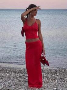 Women 2 Piece Knitted Outfit Sparkly Sequin Spaghetti Strap Crop Tops Low Rise Long Skirt For Club Party - Đỏ - Xem 1