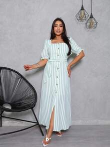 Long Striped Dress With Buttons And Belt - Puff Sleeves - Elegant Model With Elastex - 薄荷綠 - 查看 1