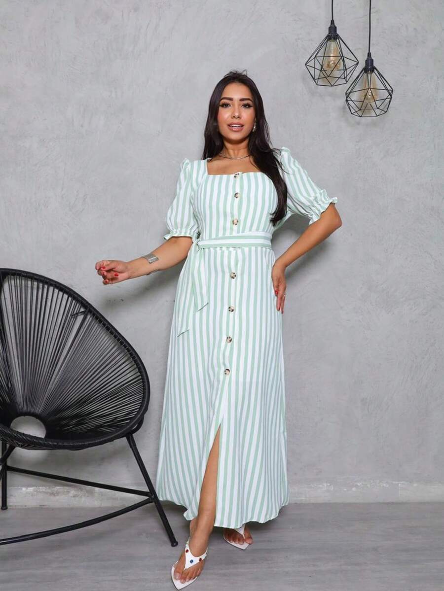 Long Striped Dress With Buttons And Belt - Puff Sleeves - Elegant Model With Elastex - 薄荷綠 - 查看 1