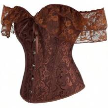 Women Corset Top With Lace Sleeve Lace Up Bustier Lingerie Waist Trainer Costume Tops - 棕色 - 查看 8