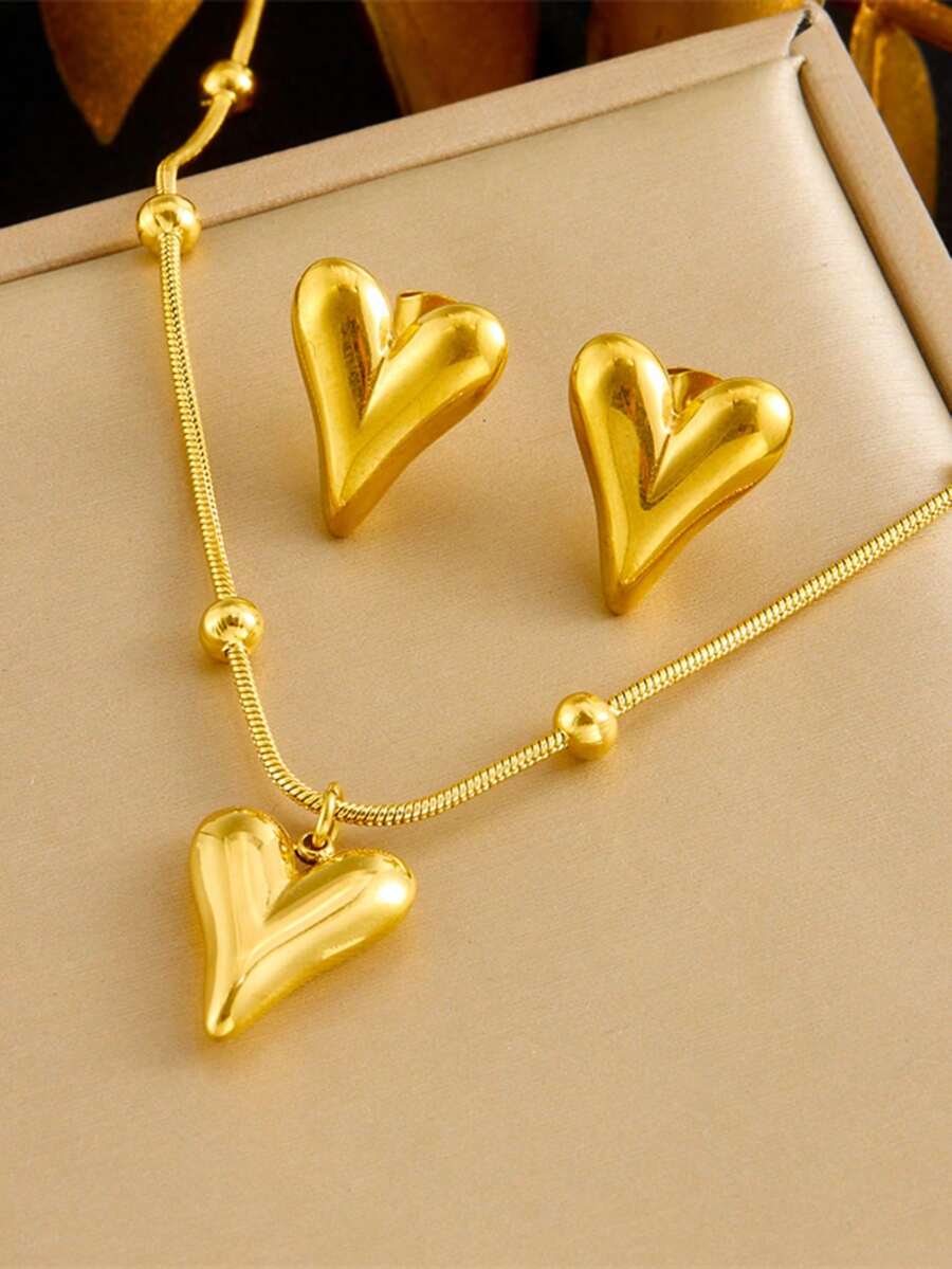 1Set Gold-Plated Stainless Steel Bamboo Link Chain & Heart Shaped Pendant Jewelry Set - Yellow Gold - View 1