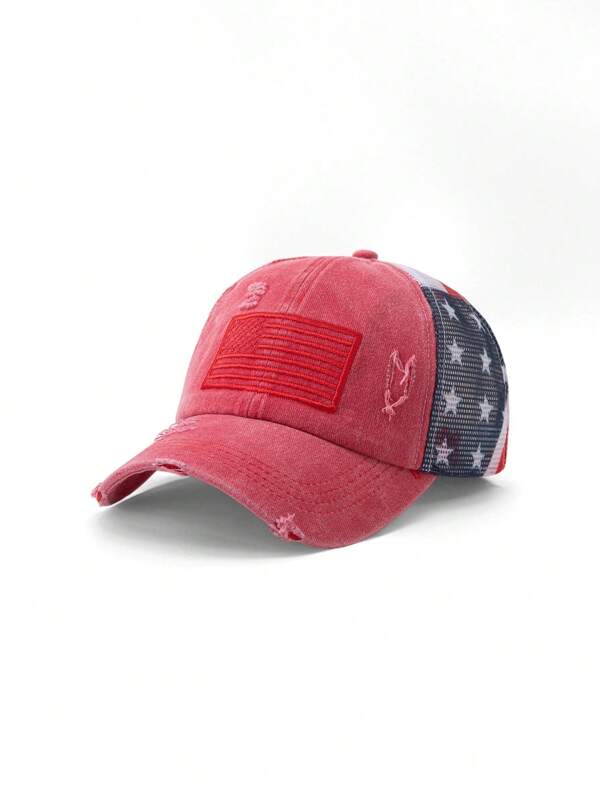 1PC Adjustable Men's Breathable Mesh Trucker Hat With American Flag, Women's Baseball Cap With Ponytail Hole, Distressed Black Mesh Embroidery Baseball Cap, Suitable For Outdoor Sports, Golf, Fishing And Casual Wear|Baseball Cap. Trucker Hat For Women