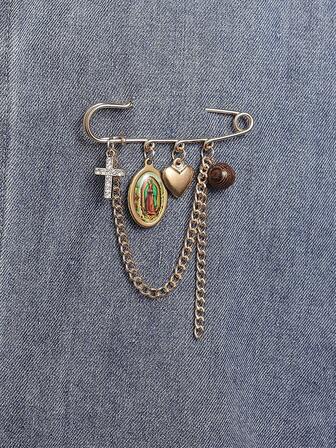 1 pieza Broche clásico de acero inoxidable con cruz y corazón de Jesús y María, pendiente versátil para decorar la ropa, la cintura, el sombrero de mujer