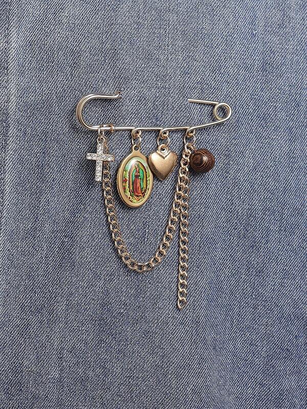 1 pieza Broche clásico de acero inoxidable con cruz y corazón de Jesús y María, pendiente versátil para decorar la ropa, la cintura, el sombrero de mujer