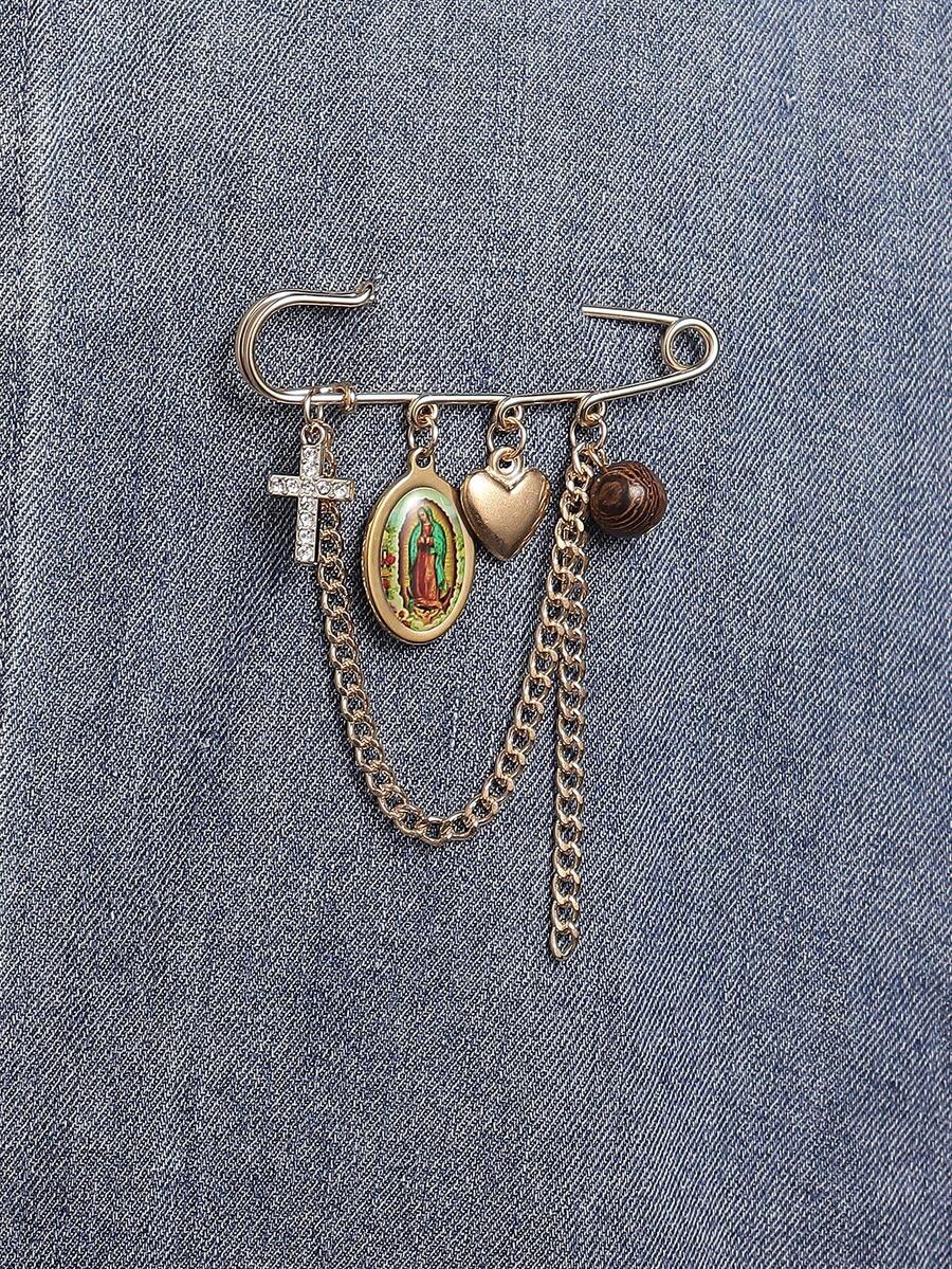 1 件经典不锈钢耶稣玛丽圣十字架和心形吊坠流苏胸针，适合女士服装腰链、帽子装饰、多功能配饰 - 金黃色 - 查看 1