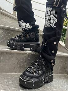Fashion Women's Flat Platform Ankle Boots Black Round Toe High Heel Sneakers Thick Soft Sole Bottom Booties Lace-Up Metal Decor Halloween Y2K Style Sports Shoes - 黑色 - 查看 5