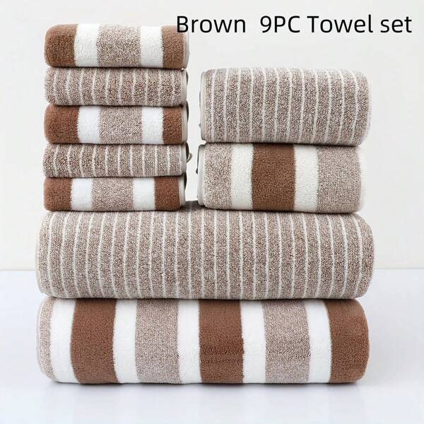 9 pièces Set de serviettes rayées - Comprenant 5 serviettes de toilette, 2 serviettes de mains et 2 serviettes de bain, serviettes douces absorbantes et séchage rapide, convient pour l'hôtel, les sports, les voyages, le fitness, le yoga, les couples, des essentiels de salle de bain idéaux pour le salon de beauté et la maison